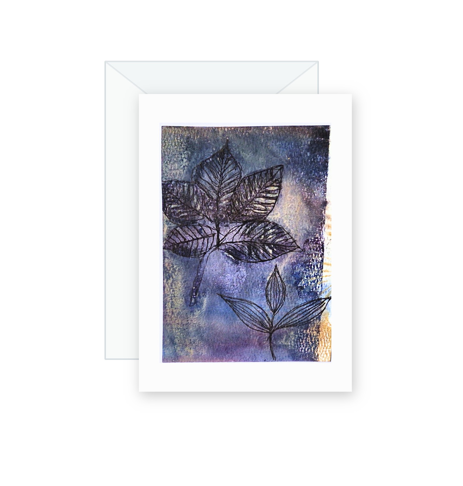 Indigo Leaves handmade greeting card, original watercolor and acrylic painting on card paper