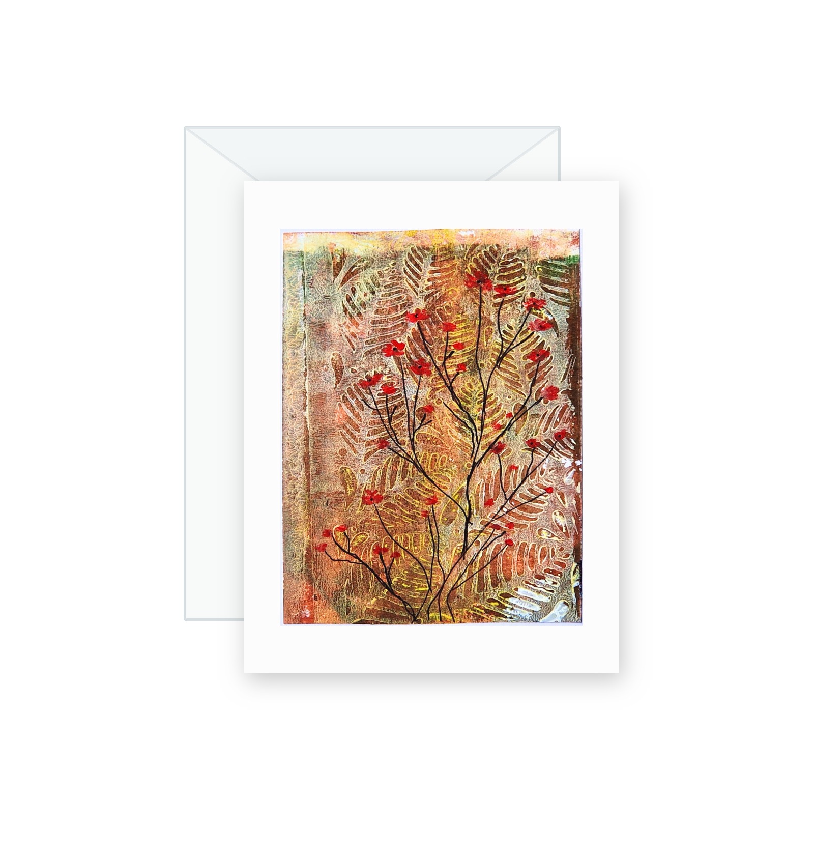 Rowan Branch handmade greeting card, original watercolor and acrylic painting on card paper