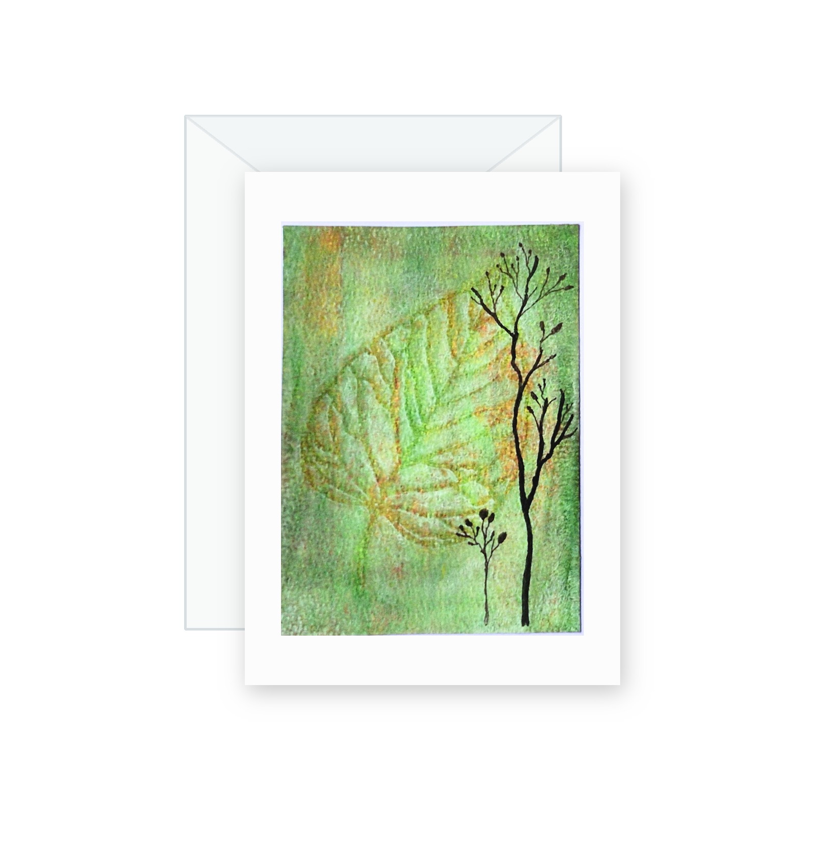 Quiet Green handmade greeting card, original watercolor and acrylic painting on card paper
