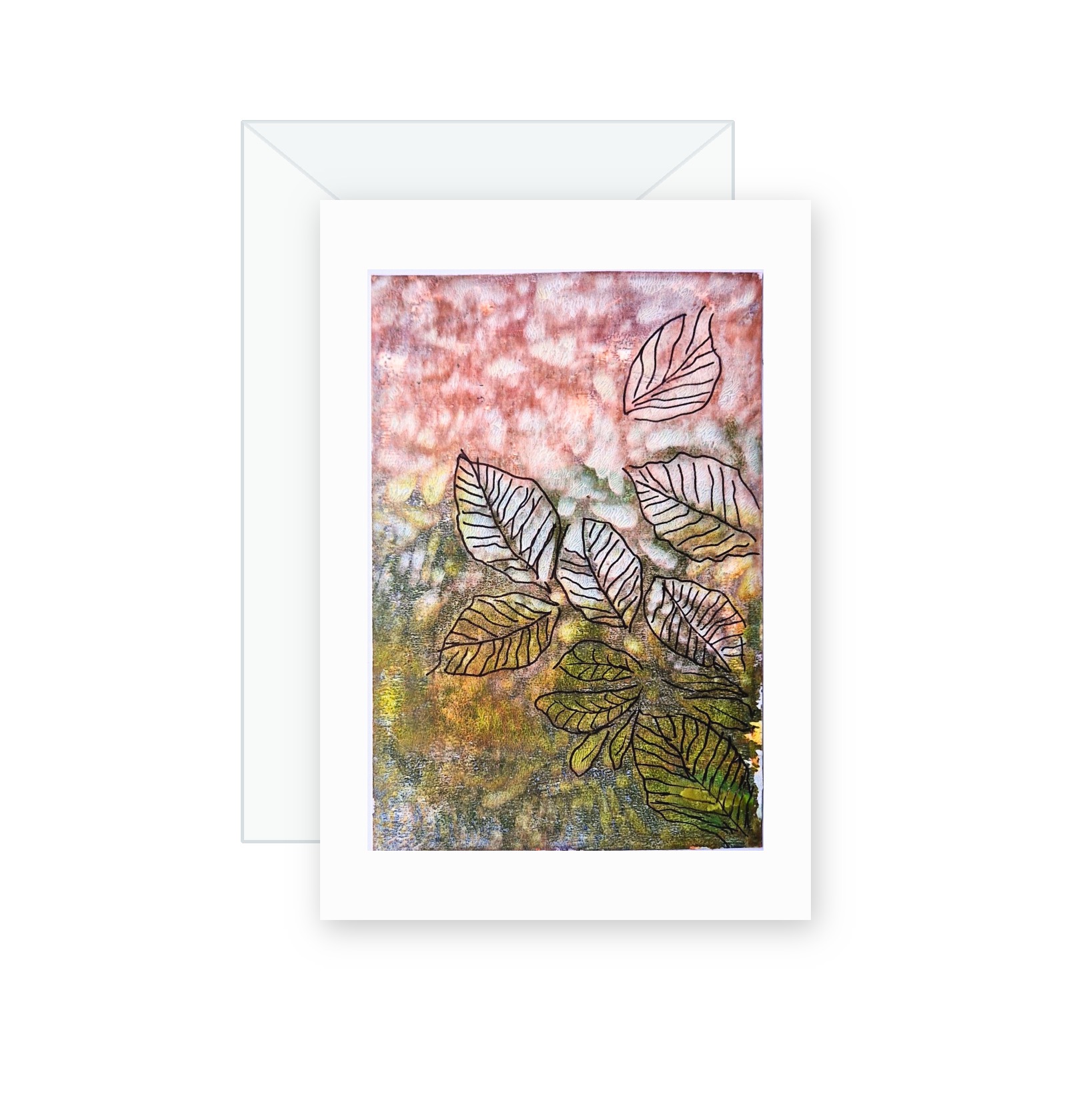 Rosewood Leaves handmade greeting card, original watercolor and acrylic painting on card paper